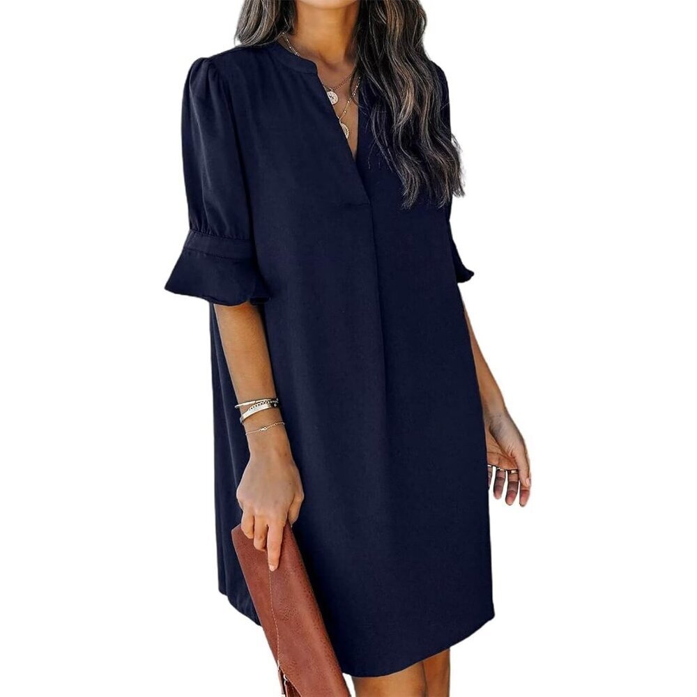 Womens Navy 100% Polyester V-Neck Loose Fit Short Sleeve Knee Length Shift Dress